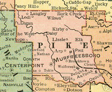 Early map of Pike County, Arkansas including Murfreesboro, New Hope, Star of the West, Pike, Wolf Creek